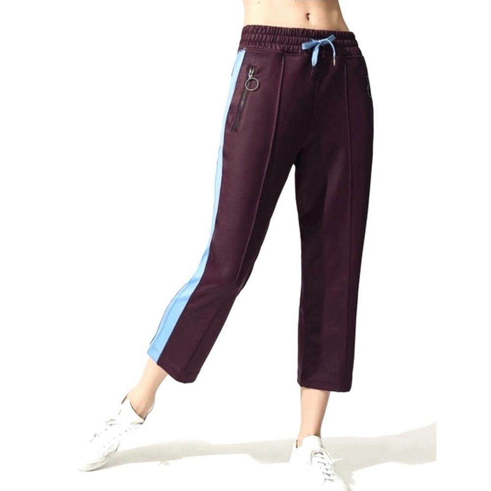 Sweaty Betty Hyde Cropped Track Pants Womens Size S Burgundy Red & Blue Stripe